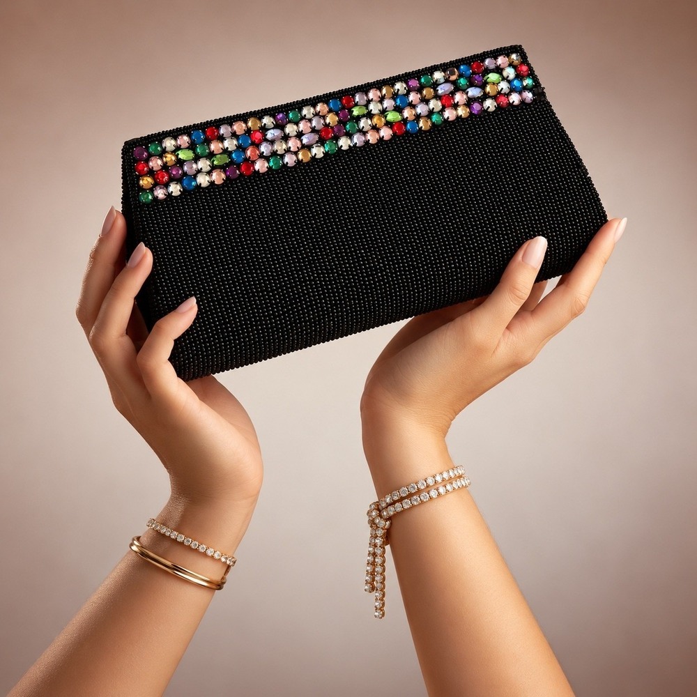 La Regale Black Beaded Rhinestone Clutch Evening Bag Multicolor Glam Y2K Party
